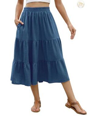Flowy Ruffle Midi Skirt with Pockets High Elastic Waist Aline